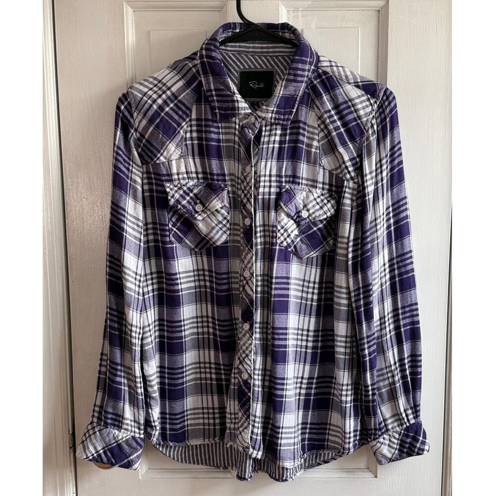 Rails Purple & White Plaid Button Down Shirt Soft Rayon - Size Small